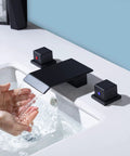 Waterfall Bathroom Sink Faucet Set Matte Black Sleek Widespread 8 Inch Deck Mounted 3 Hole Basin with 2 Square Handles