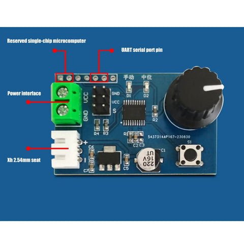 Straight Up Dual Channel SG90 Servo Control Motor Driver Board For Pluggable Robot Arm Projects And Smooth RC Steering Gear Debugging Setup Game Changer with power interface and knob control.