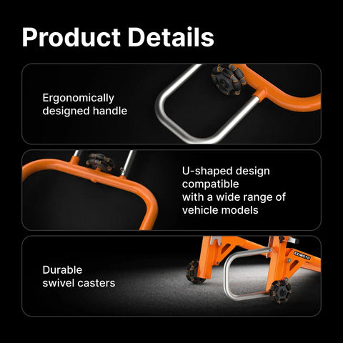 Sport Motorcycle Rear Stand With 360 Degree Rotating Lift Beefy Yet Portable Heavy Duty Wheel Stand with swivel casters and U-shaped design