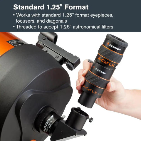 Boost Your Backyard Stargazing Game With A 3X Barlow Lens For 1.25 Inch Eyepieces Fully Multi Coated Apochromatic Optics Ultra Clean Optics Black Housing Expands Magnification For Fast Telescopes And Night Sky Exploration showing a person holding a black and orange Barlow lens next to a telescope.