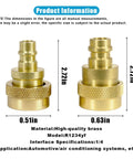 Two brass couplers from the R1234YF To R134A Quick Coupler Kit for Car AC Charging, showing dimensions and specifications.