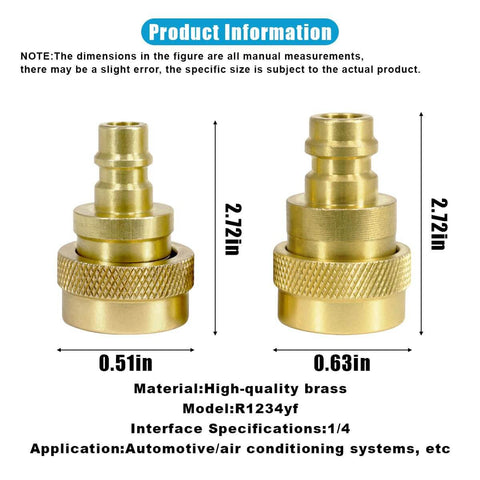 Two brass couplers from the R1234YF To R134A Quick Coupler Kit for Car AC Charging, showing dimensions and specifications.