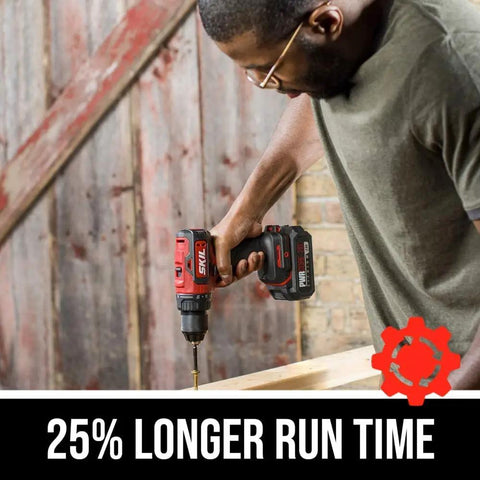Built Tough Cordless Drill And Impact Driver Combo Kit With Brushless 20 Volt Motors, compact drill in use with wood.