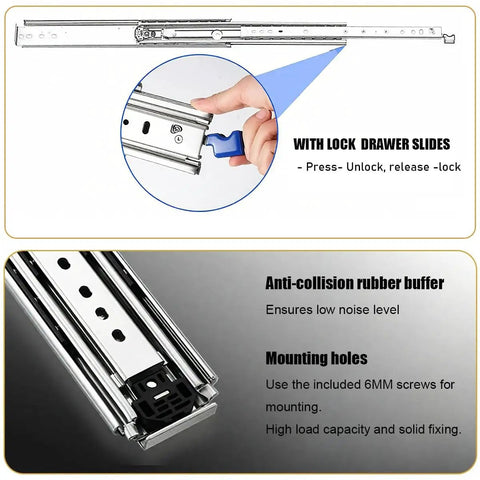 Heavy Duty Stainless Steel 2000mm Full Extension Drawer Slides With Secure Locking Mechanism showing features and installation details.
