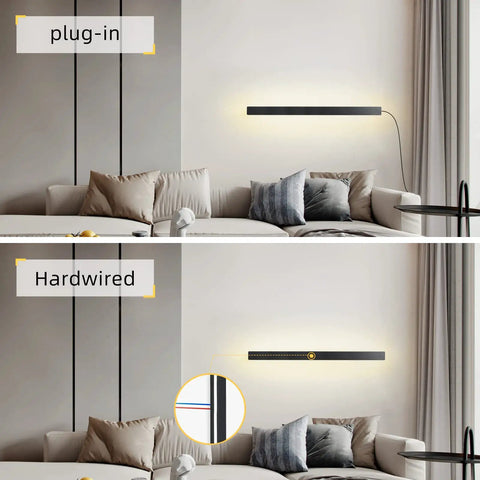 Comparison of Modern No Fuss Plug In Long Wall Sconce 39 Inch Black Matte LED Wall Light 20W 3000K with plug-in and hardwired options