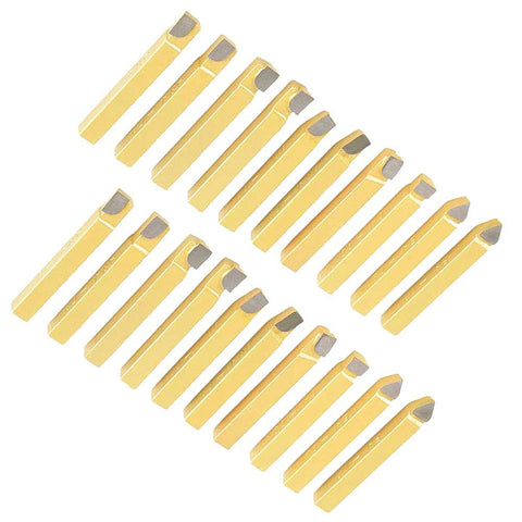 20-piece 1/4-inch carbide-tipped lathe cutter tool set with yellow shanks for metal turning, boring and chamfering.