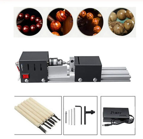 Mini Lathe Beads Polisher Machine for DIY Woodworking with accessories, showing benchtop lathe setup and bead polishing results.