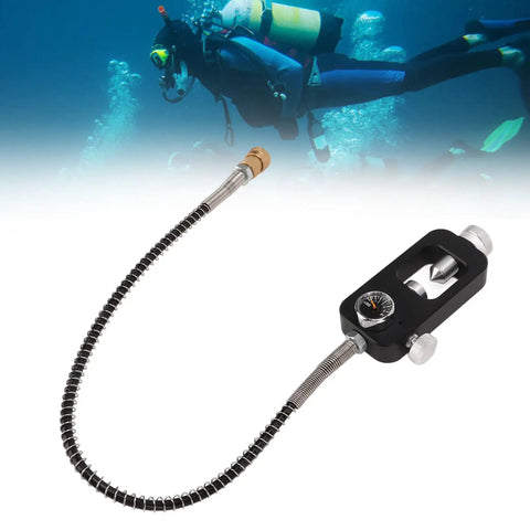 Diving Tank Refill Adapter Aluminum Alloy Valve Scuba Yoke Station With Gauge Hose Rustproof Portable Filling Connector shown with diver