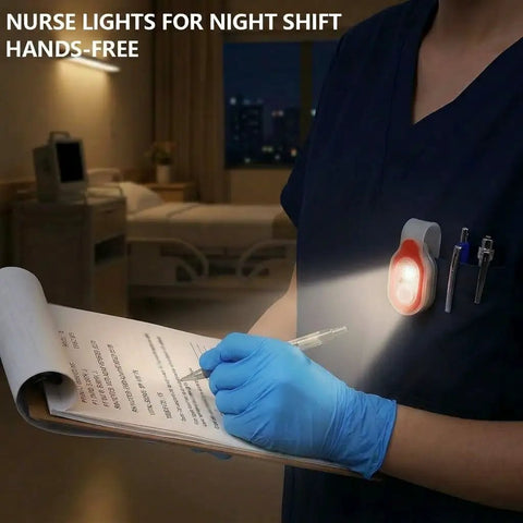 Nurse wearing clip on LED flashlight with magnetic ends for hands free night light during shift in hospital setting