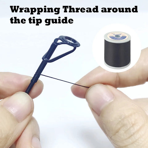 All In One Fishing Rod Repair Kit With Two Part Epoxy Resin 500D Wrapping Thread Clipper And Masking Tape For Quick Pro Level Repairs On Your Fishing Poles with thread wrapping tip guide close-up
