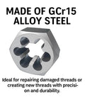 Close-up of GCr15 alloy die for 5 By 24 Inch Thread Tap And Die Set With HSS Tap And GCr15 Alloy Die For Right Hand Inch Threads Built Tough