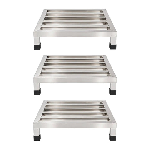 Heavy Duty Stainless Steel Shelving Three Pack Built Different For Serious Garage Storage Up To Seven Hundred Pounds Per Shelf Rust Resistant Warehouse Organization Total Knockout Deal - three stacked stainless steel shelves.