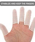 100 Piece Anti Static Nitrile Finger Sleeves For Electronic Repair And Cleanroom Work worn on a hand for precision tasks.