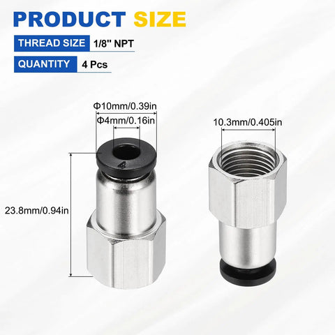 Push To Connect Fittings Set For 0.16 Inch Tubing And One Eighth NPT Nickel Plated Brass Straight Pneumatic Female Adapters