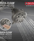 Brushed Nickel 5-Setting Tub And Shower Trim Kit With Multi-Choice Shower Head showing touch-clean spray holes feature