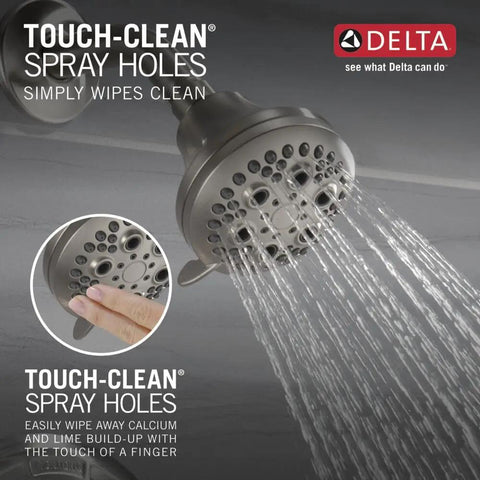 Brushed Nickel 5-Setting Tub And Shower Trim Kit With Multi-Choice Shower Head showing touch-clean spray holes feature