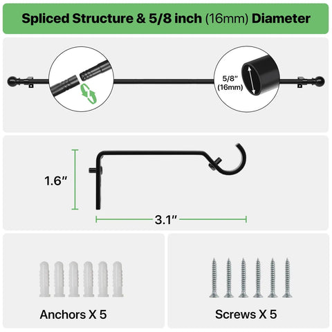 Adjustable Curtain Rod Set 28 To 48 Inch Five Eighth Inch Matte Black With Brackets Splicing Metal Drapery Rod details and dimensions
