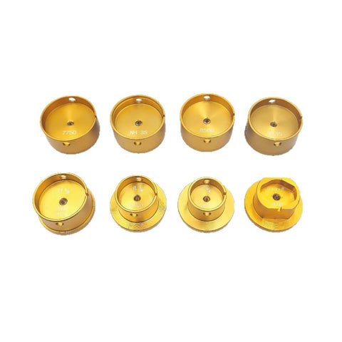 Top view of a Lightweight 23g Watch Movement Holder With 31mm Base For Mechanical And Quartz Watches, gold color, various sizes shown.