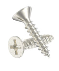 Premium Nickel Finish Flat Head Wood Screws With Phillips Drive And Countersunk Heads Pack Of 25 showing smooth finishes and sharp edges.