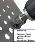 Conquer Tools five-flute 87° countersink drill bit with 1/4 in hex shank shown cutting into perforated steel sheet