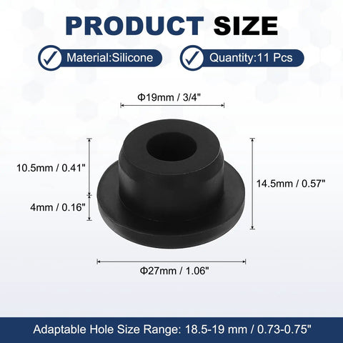 11 Pack T Shaped Silicone Plugs 19.3mm Round Rubber Stoppers snap in hole seals, black, with detailed size dimensions