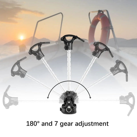 Heavy-Duty Trolling Motor Stabilizer Mount For Terrova Ulterra Riptide Power Drive with 180° and 7 gear adjustment shown on boat.