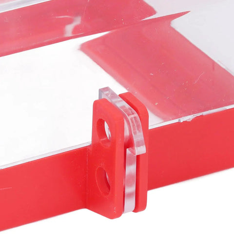 Close-up of No Nonsense Industrial Grade Emergency Stop Button Lockout Cover, showing lock mechanism on clear box-type protector.