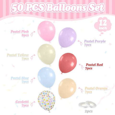Pastel Balloons Party Bundle 50 Pcs Confetti Latex Balloons In Light Pink Yellow Blue 12 Inch Ideal For Birthday Weddings Baby Showers Easter Spring Celebrations And Photo Backdrops, showing assorted pastel balloons and ribbon