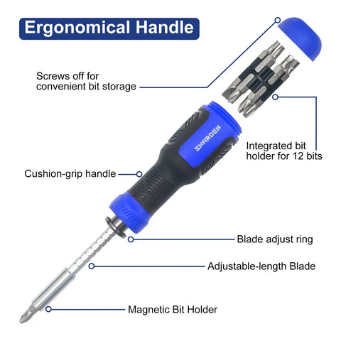 Heavy Duty 13 In 1 Adjustable Screwdriver Set With Premium Torx Phillips Hex Bits For Quick Home Fixes And Tackling Broken Gear Without Any Headaches Every Handyman Will Appreciate, showing ergonomic blue and black grip handle.