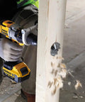 Self Feed Drill Bit 2 Inch With 7/16 Quick Change Shank drilling wood, showcasing fast chip ejection and ease of wood boring