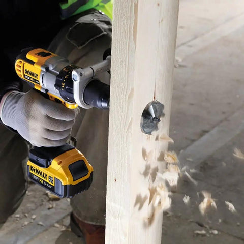 Self Feed Drill Bit 2 Inch With 7/16 Quick Change Shank drilling wood, showcasing fast chip ejection and ease of wood boring