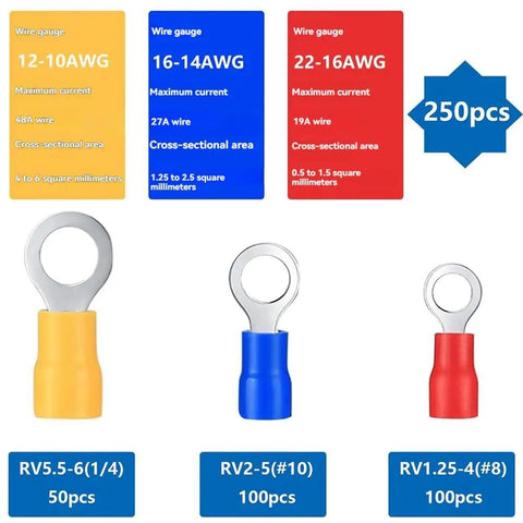 Cool Raxmolo Pre Insulated Ring Terminal Kit With 250 Pieces Of High Quality O Type Wire Lugs Featuring Premium Tin Plated Copper For Serious Conductivity And Rock Solid Electrical Connections In Any DIY Project. Assorted insulated ring terminals, 250 pcs, tin-plated copper, 12-10AWG, 16-14AWG, 22-16AWG