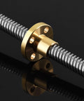 Close-up of brass nut on T8 leadscrew, Set Of 4 T8 Leadscrews With Brass Nuts For 3D Printers And CNC Machines, stainless steel, black background