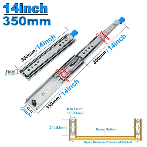 Beefy Drawer Slides 14 Inch Pair 350mm Steel 2mm Thick Galvanized Finish With Blue Seal Coating Smooth Glide