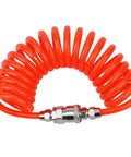 Top Shelf PU Spiral Air Hose Three Meter Length Kitted With Snappy Quick Connectors, durable spiral coil in bright orange.