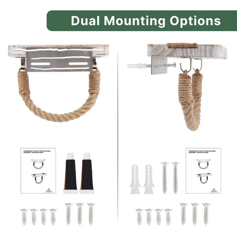 Dual mounting options for Coastal Rope Toilet Paper Holder With Shelf Wall Mount, includes screws and wall anchors