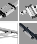 MGN12H Black Linear Guide Rail 300mm With Bearing Block For Ender 3 CoreXY Tronxy 3D Printers Upgrades And CNC Machines Ultra Smooth Pro Grade Rust Resistant Steel Carriage System, shown from different angles.