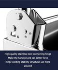 Close-up of heavy duty folding platform cart hinge, showcasing high quality stainless steel material for secure use.