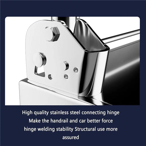 Close-up of heavy duty folding platform cart hinge, showcasing high quality stainless steel material for secure use.