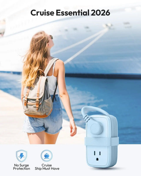 Traveler carrying Go To Travel Power Strip With USB Ports And Flat Plug Two Outlets And Three USB Ports Three Foot Extension Cord.
