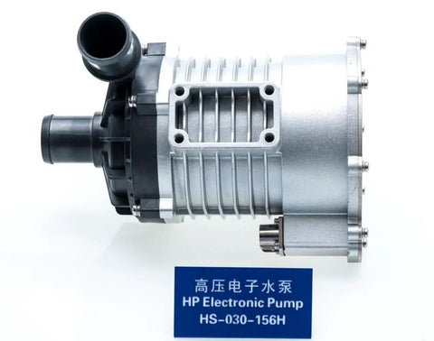 Electric Water Pump For EV Cooling Systems 9V To 32V Keeps Heat Under Control With Smooth Car Circulation And A Slick Thermal Upgrade For Your Whip Or Daily Driver side angle view of compact silver pump with inlet and outlet hoses.