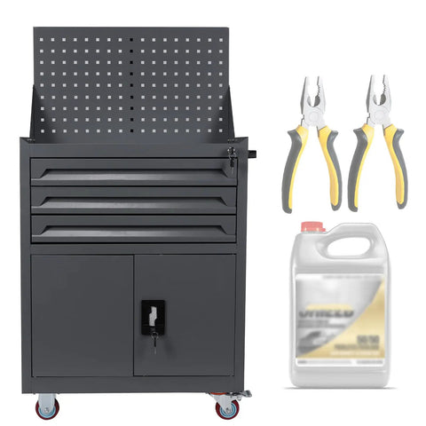 Rolling Tool Chest With Drawers Auto Repair Cart Workhorse Tool Cart For Workshop Garage And Warehouse Built From Thickened Cold Rolled Steel With Protective Liners To Guard Tools And Prevent Scratches While Maximizing Storage., front view with casters and pegboard