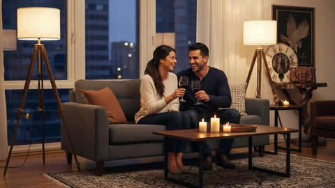 Couple in living room with Vintage Tripod Floor Lamp With Nautical Vibe And Dope Rustic Industrial Finish In Steel Aluminum And Brown Wood