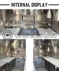 Internal view of Ready To Rock 10ft Mobile Food Trailer Built On Galvanized Steel Frame With Sleek Mirror Exterior.