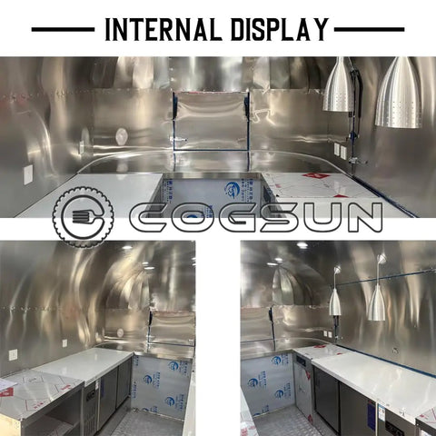 Internal view of Ready To Rock 10ft Mobile Food Trailer Built On Galvanized Steel Frame With Sleek Mirror Exterior.