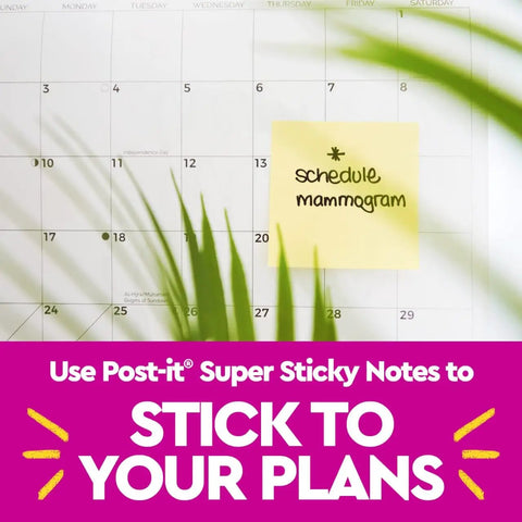 Super Sticky Dispenser Notes 3 X 3 In Canary Yellow 12 Pads With 90 Sheets Each, Twice The Stickiness For Office, School, And Home Quick Access Reminders Today. Yellow sticky note on calendar for schedule mammogram reminder