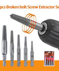 Five-piece screw extractor set with drill, showcasing different sizes of extractors for removing broken screws and bolts.