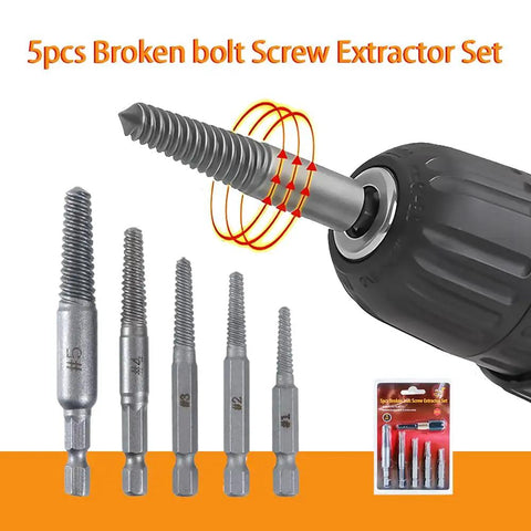 Five-piece screw extractor set with drill, showcasing different sizes of extractors for removing broken screws and bolts.