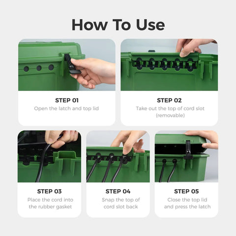 How to use Badass Heavy Duty Outdoor Electrical Box With IP54 Weatherproof Rating steps for cord placement and sealing.