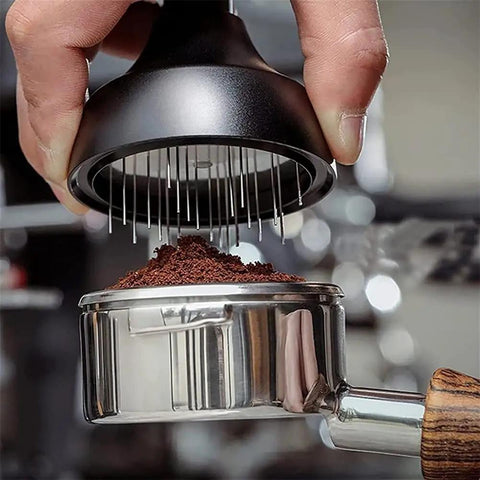 Upgrade Your Daily Brew Routine With This Dope Adjustable Espresso Coffee Tamper And Premium Needle Distributor Leveler Compatible With Most 58Mm Portafilters. Adjustable needle distributor over ground coffee.